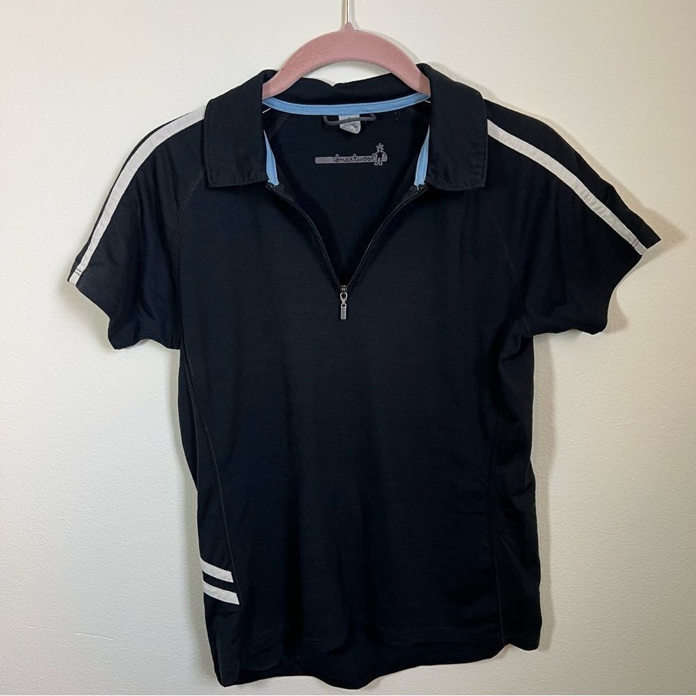 Smartwool Black Short Sleeve Zip Polo with White Stripe Accents